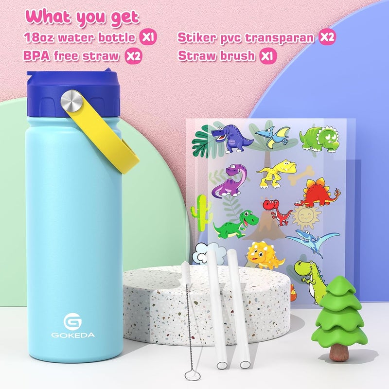 GOKEDA 18oz Kids Water Bottle, Insulated Bottles with Stickers, 18/8 Stainless Steel Vacuum Leak Proof Straw Cup for School, Gifts for Boys Girls(LightBlue) - Image 1